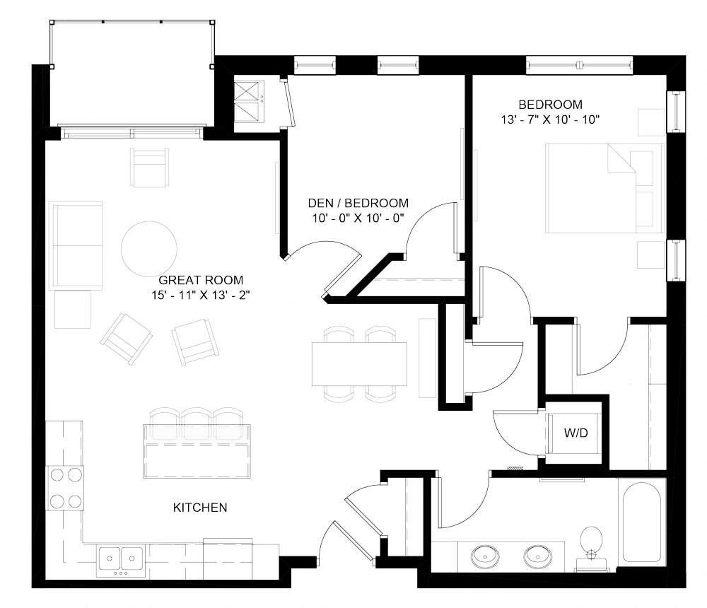 Floor plan for 1 bed, 1 bath, 1009 sqft